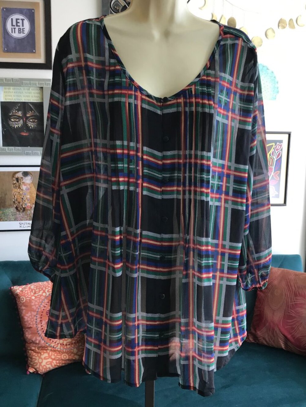 NORTHSTYLE size XL Black Green & Red Plaid Chiffon Pintuck Tunic Blouse To